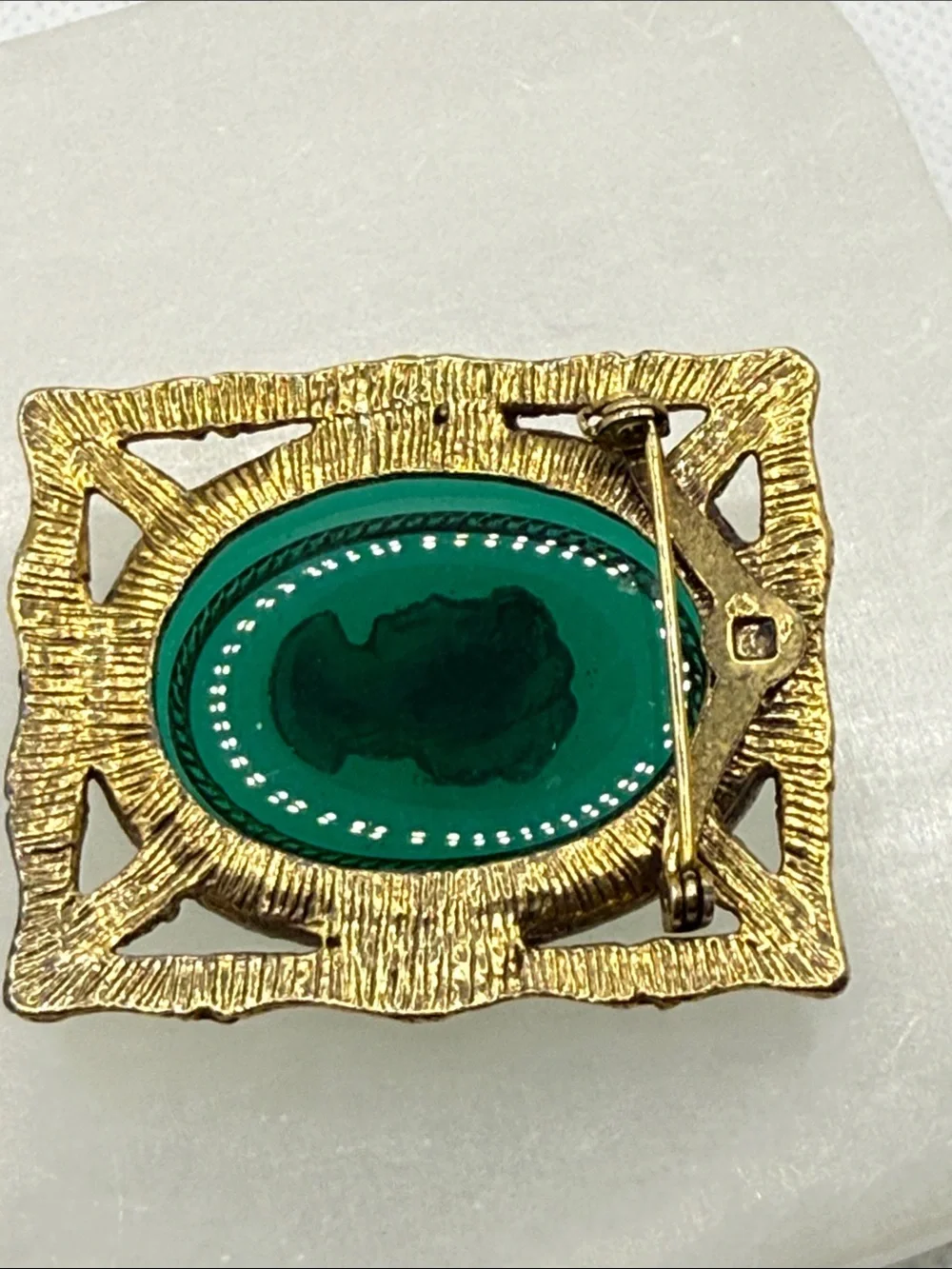 Vintage Green Glass Cameo Brooch with Gold Frame intaglio pin